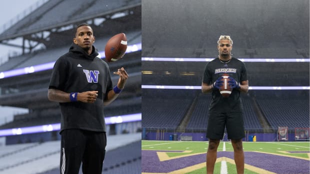 Washington Huskies football players Michael Penix Jr. and Rome Adunze pose for an adidas photo shoot.